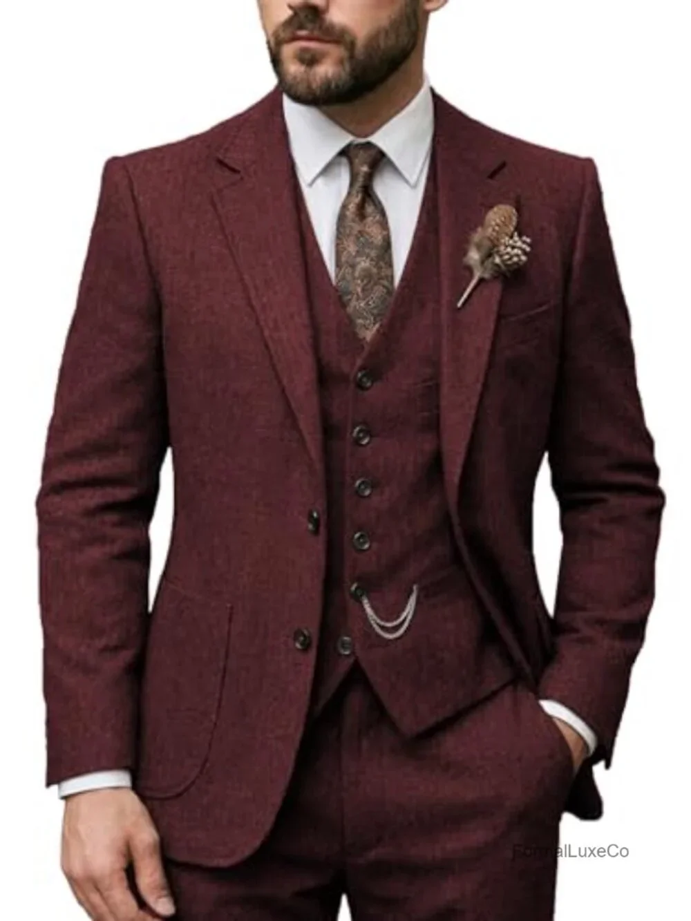 Men's 3-Piece Tweed Wool Suit Vest Pants Blazer Wedding Tuxedo